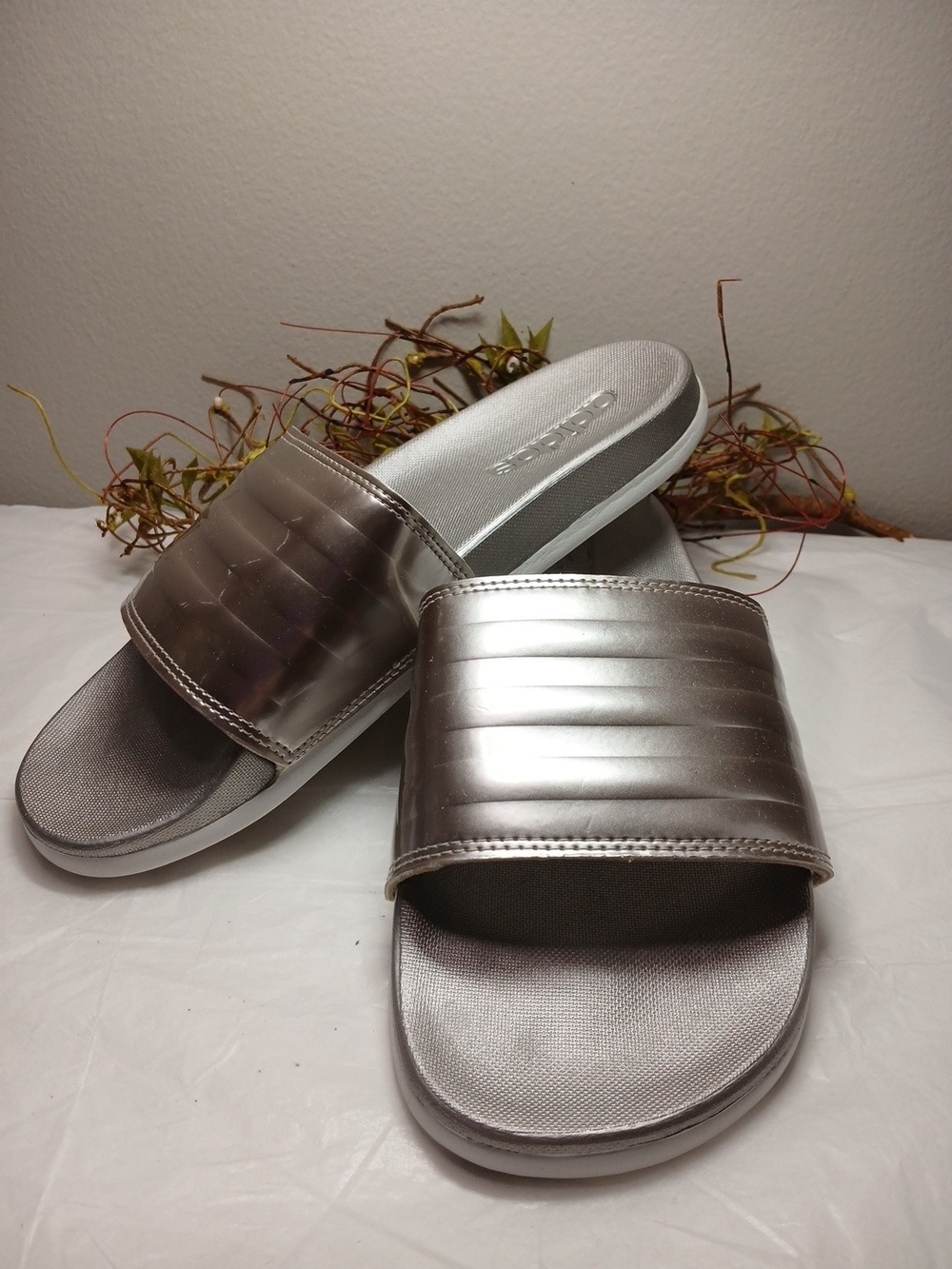 adidas Metallic Silver Slide Sandals for Women
